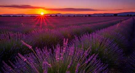 Lavender Field at Sunset - A Symphony of Purple and Gold.