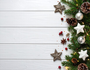 background with white wooden boards and Christmas decor on them