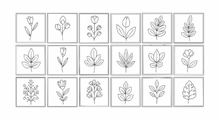 Hand-drawn minimalist botanical line art. A grid of delicate flowers, leaves, and plants on a white background