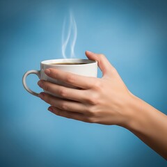 Hand Holding Steaming Coffee Cup Against Blue Background.