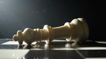 Fallen King - A fallen white king chess piece lies on its side on a black and white chessboard. The scene is dramatically lit with a dark background and small dust particles visible in the light. - Powered by Adobe