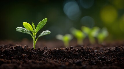 Tender green seedlings are emerging from dark, moist soil in a garden setting. The fresh leaves glisten with droplets of water, showcasing the beauty of new life in spring