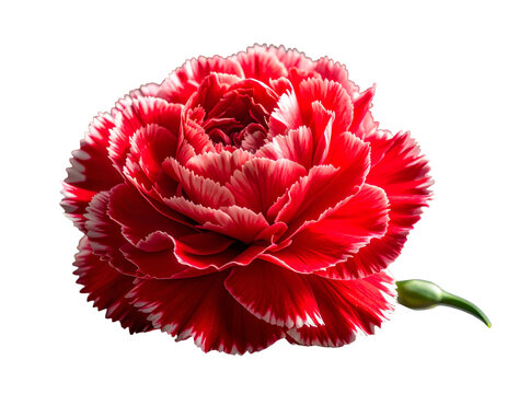 Detailed close-up of a vibrant red flower with white-tipped petals and a bud