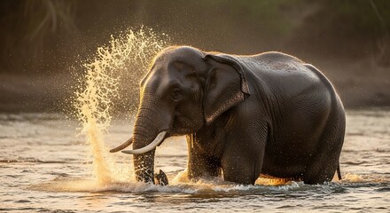 Majestic Asian Elephant Splashing in River - A Moment of Joy.