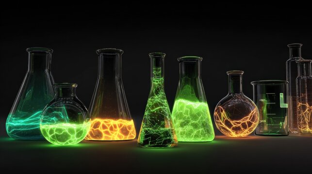 Brightly Colored Lab Glassware With Glowing Fluids Showcasing Scientific Innovation at a Modern Research Facility