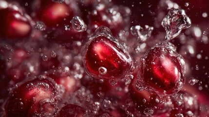 Pomegranate seeds burst in a flurry as they float amidst sparkling water, creating a lively and refreshing scene. The bright red color adds a pop of joy to the setting