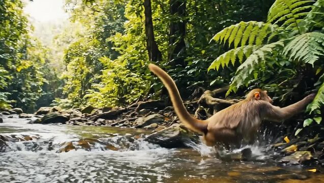 monkey day wild jumps over stream in tropical forest