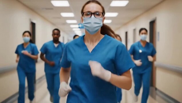 Dedicated healthcare team in scrubs and masks rushes down hospital corridor for urgent medical response