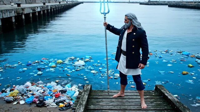 Poseidon creating a powerful visual metaphor for ocean pollution, environmental crisis, and the urgent need for marine conservation, standing in trash-filled water