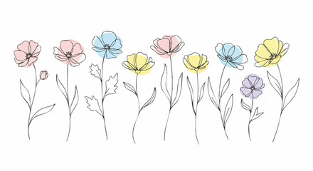 Minimalist continuous line art drawing of various spring wildflowers with subtle pastel color accents, perfect for elegant nature design