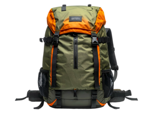Green and orange backpack with multiple straps and pockets, on a black background