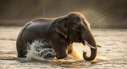 Majestic Asian Elephant Splashing in Water at Sunset.
