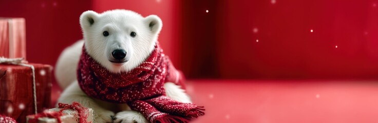 Cute polar bear with red scarf and Christmas gifts on red background