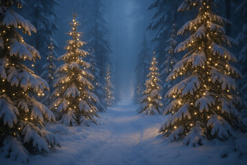 Enchanting Winter Forest Illuminated by Twinkling Christmas Lights