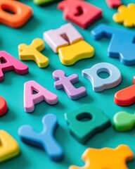Naklejka premium Colorful Plastic Alphabet Letters on Turquoise