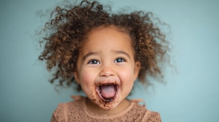 A young child with curly hair smiles broadly with chocolate smeared around their mouth. They are in a brightly lit room, clearly enjoying a sweet treat
