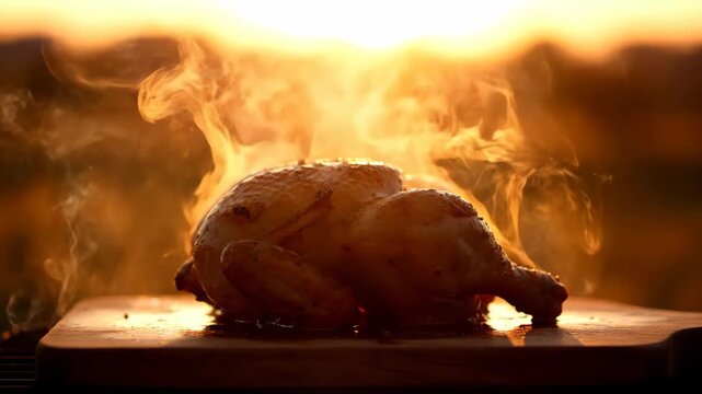 Whole roast chicken steaming and cooking on a wooden cutting board over a barbecue grill, highlighting outdoor grilling and a warm, inviting dinner ambiance at sunset