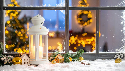 A window overlooking a room decorated with Christmas trees. In the foreground are a lantern, decorations, and fir tree branches.