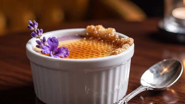 Creme Brulee Dessert with Lavender - A close-up shot shows a ramekin of creme brulee with a caramelized sugar crust and a sprig of lavender on top.