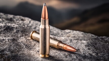 Bullet cartridges are placed on a rugged rock, showcasing their metallic sheen and pointed tips. The backdrop features a blurred mountain range under a dusk sky, creating a dramatic scene