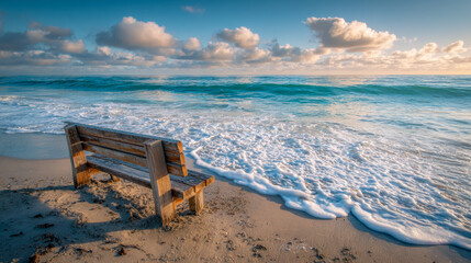 A rustic wooden bench facing the ocean with gentle waves washing up on a sandy beach under a partly cloudy sky during a serene golden hour sunset