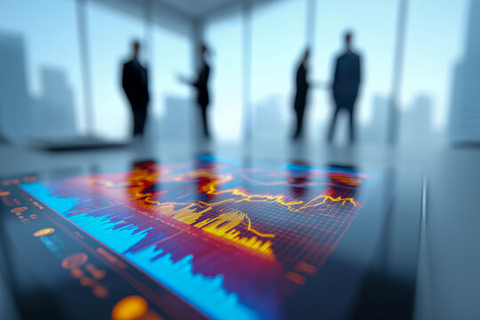 Digital financial data displayed on a transparent screen with professionals in business suits discussing analytics in a modern office setting overlooking a cityscape
