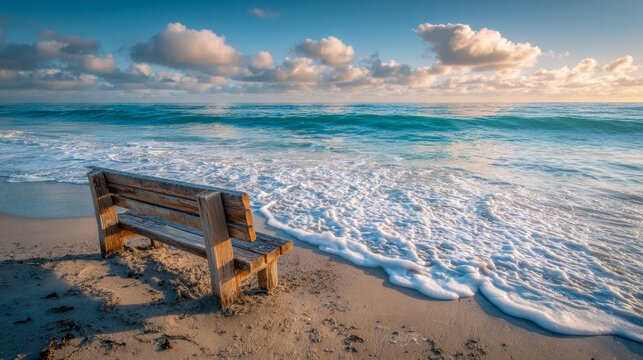 A rustic wooden bench facing the ocean with gentle waves washing up on a sandy beach under a partly cloudy sky during a serene golden hour sunset