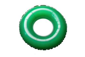 A green inflatable pool float. shaped like a ring. resting on a clean white background. ideal for summer swimming activities or poolside relaxation