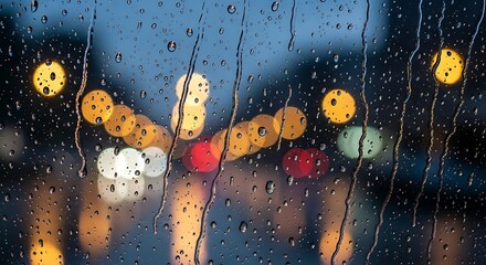 Rainy Night City Lights - A Window View of Urban Reflections.
