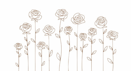 Simple line art drawing of multiple stylized roses blooming on tall stems in a minimalist garden design