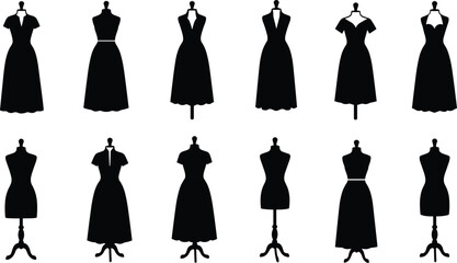 Fashion dress mannequin silhouettes vector set, vintage sewing dress forms collection, tailor dummy icons for fashion design, boutique, sewing studio illustration