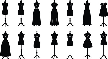 Fashion dress mannequin vector illustration, tailor dummy silhouettes with elegant dresses, sewing model display, fashion design studio decoration, clothing boutique artFashion dress mannequin vector 