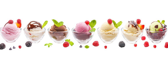 A display of various ice cream flavors in elegant glass bowls. garnished with fresh mint leaves and berries. set against a clean white background. ideal for dessert promotions or culinary blogs