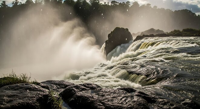 Powerful waterfall cascading over rocks with mist and forest backdrop.