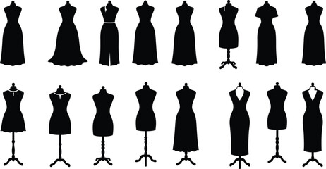 Fashion dress mannequin vector silhouettes collection, tailor dummy illustration for sewing design, boutique display model forms, elegant fashion studio decoration art