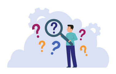 man hold magnifying glass analyzing question mark to investigate and solve problem
