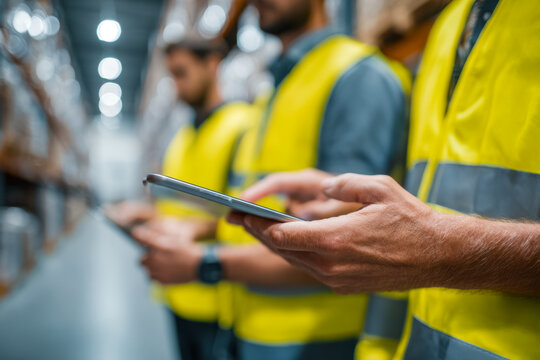 Warehouse workers wearing high-visibility vests using digital tablets while standing in a modern industrial storage facility aisle focused on technology and inventor