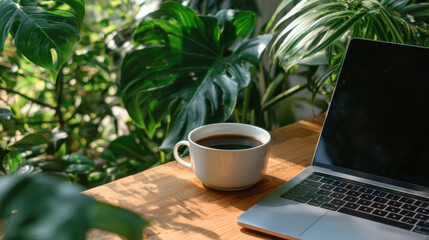 A warm cup of coffee sits beside a laptop on a wooden table. Lush green plants fill the space, creating a tranquil and inviting atmosphere for work or relaxation