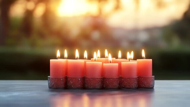 Row of lit pillar candles on table with warm sunset light background outdoors