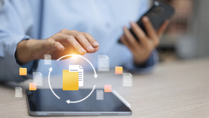 Hand Using Tablet for Cloud Data Synchronization and File Management System