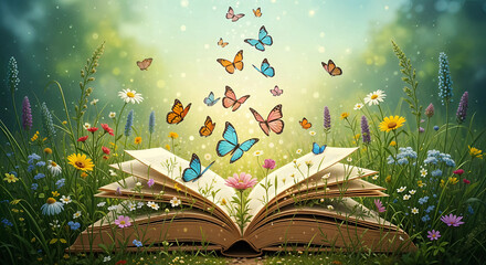 An open book releases a swarm of colorful butterflies into a magical meadow filled with wildflowers