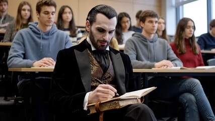 Vampire student wearing traditional formal attire sitting among contemporary young students in a lecture hall, concentrating while writing in an old leather-bound notebook - Powered by Adobe