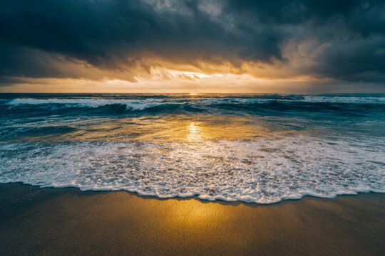 Golden sunlight reflecting on ocean waves as they gently reach the sandy shore beneath dramatic stormy clouds at sunset or sunrise