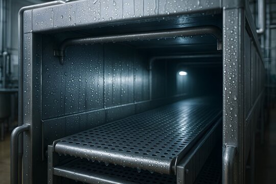 Modern Industrial Conveyor System in Dark Interior with Moisture and Shadows &ndash; Steel Machinery & Technology in Manufacturing Environment