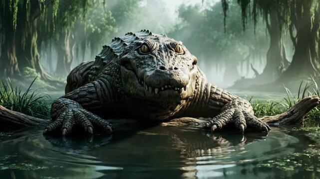 Crocodile looking directly at viewer with wide open yellow eyes, showing teeth and powerful scales while partially submerged in murky swamp water with cypress trees in background