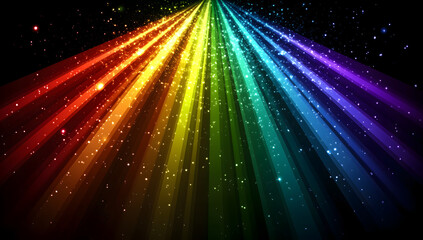 Rainbow spectrum rays explode outward with glowing sparkles, vibrant colorful light beams create radial burst effect with bright particles and energy