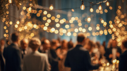 Elegant evening gathering with people socializing under warm glowing string lights creating a festive and intimate ambiance at a stylish event venue