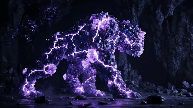 Crystal golem of jagged purple rock crackling with electric energy, looming in a dark cavern&mdash;mystical, intimidating fantasy creature glowing with supernatural power and danger