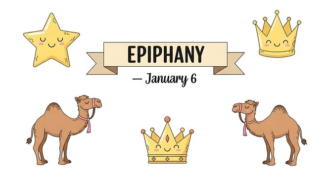 Epiphany day celebration with stars, crowns and camels isolated on white background