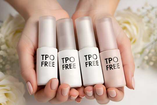 TPO Free gel nail polish bottles in women hands. Concept of awareness and beauty products without Trimethylbenzoyl Diphenylphosphine Oxide